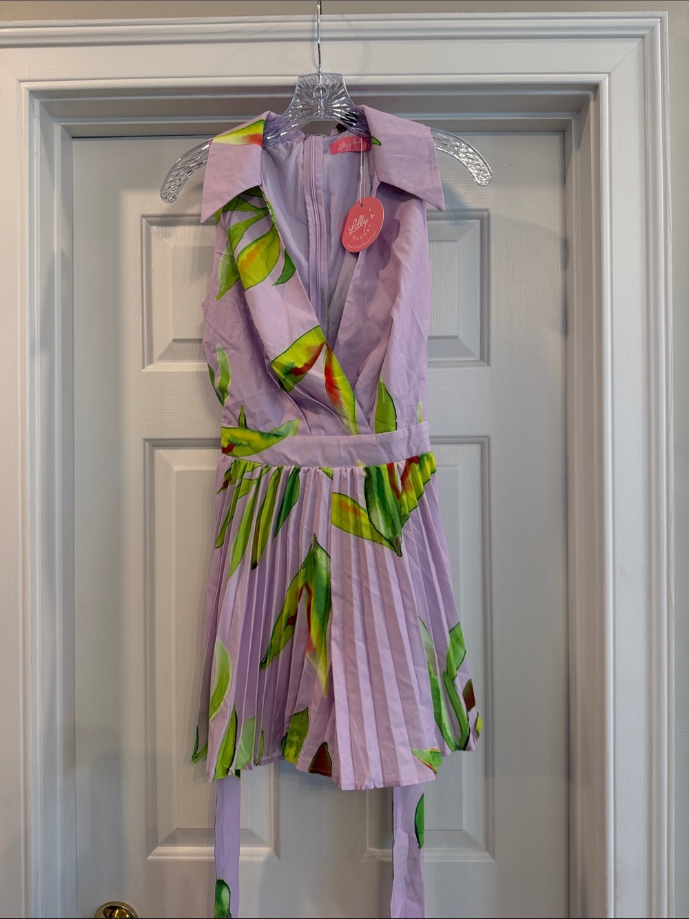 Lilac Pleated Belted Romper with Green Leaf Print